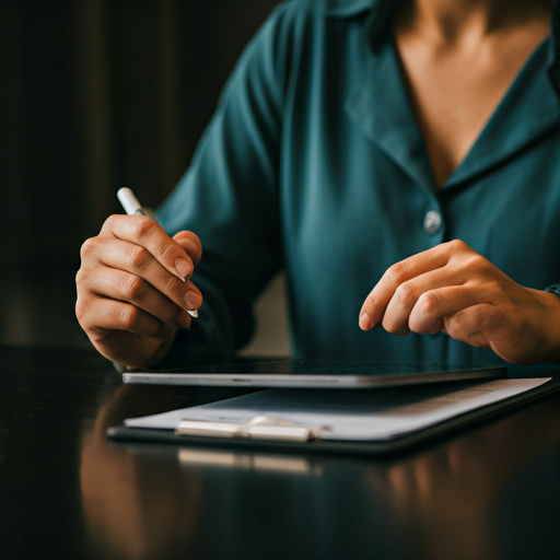 Advogada analisando contrato digital em tablet com atenção